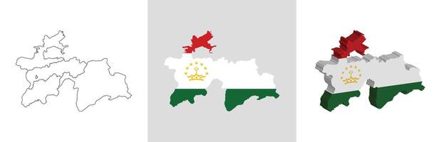 Tajikistan outline, fill with flag and 3d map vector