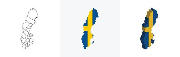 Sweden outline, fill with flag and 3d map vector
