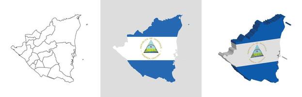 Nicaragua outline, fill with flag and 3d map vector