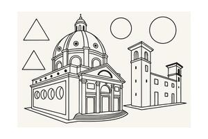 Architectural Line Drawing Of Church And Buildings With Geometric Shapes Illustration Art For Education And Design Resources vector