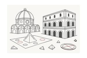 Minimalist Architectural Line Art Depicting Iconic Structures With Geometric Shapes And A Limited Color Palette For Conceptual Design vector