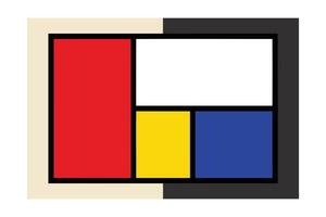 A geometric abstract artwork featuring primary colors red, yellow, blue, and white, set against a black and beige background. Rectangles are arranged in a grid like pattern within a border. vector