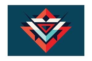 A stylized geometric design featuring layered triangles in red, blue, white, and black. Symmetrical, bold, and reminiscent of tribal art. Clean lines and flat colors. vector