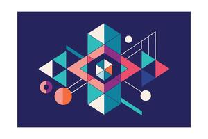 Abstract Geometric Composition With Triangles Cubes And Circles Modern Design On Dark Blue Background Concept For Digital Art And Creative Projects vector