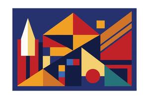 Colorful Geometric Composition Featuring Abstract Buildings And Architectural Elements Against A Deep Blue Background Creating A Modern And Artistic Design vector