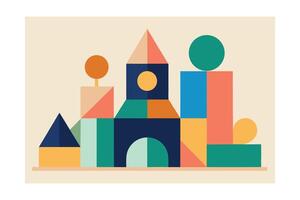 Geometric Blocks Forming A Building Structure Abstract Composition Flat Design Colorful Shapes Playful Children Educational Creative Building Blocks Toy Construction vector