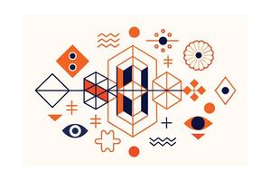 Geometric Composition Of Abstract Shapes In Orange And Navy Modern Minimalist Design Featuring Triangles Circles Squares Flowers And An Eye vector