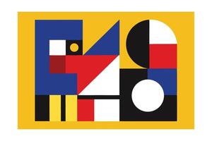 Geometric Abstract Composition In Primary Colors Bold Shapes Modern Art Style Featuring Squares Circles And Triangles On Yellow Background vector