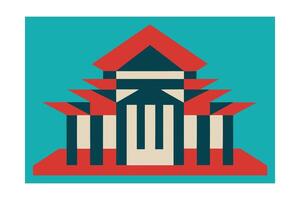 Minimalist Thai Temple Illustration With Geometric Shapes And Bold Colors On Turquoise Background For Cultural And Design Projects vector