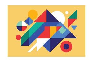 Abstract Geometric Composition With Vibrant Shapes And Colors On Golden Yellow Background Creates A Modern Design Visual vector