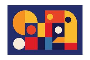 Abstract Geometric Composition With Circles And Squares In Primary Colors On Dark Blue Background For Modern Art And Design Projects vector
