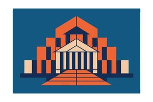 Modern Geometric Building Facade Illustration On Dark Blue Backdrop Architecture And Business Theme Creative Composition Minimalist Graphic Design vector