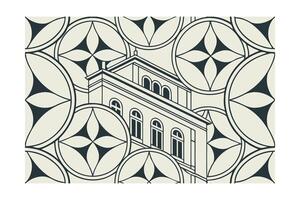 Elegant Building Facade Illustration In Modern Style Framed With Geometric Circle Floral Pattern For Creative Design Projects vector