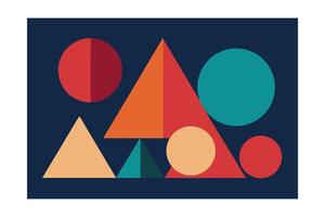 Colorful Geometric Shapes Arrangement Modern Abstract Design Triangles And Circles On Dark Blue Background Contemporary Style Graphic Illustration vector