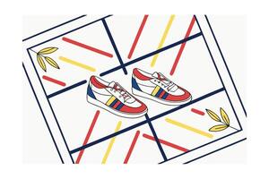 Modern Sneaker Illustration With Geometric Lines And Leaves Featuring Red Yellow And Blue Accents Creating A Stylish Flat Lay Composition vector