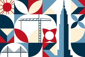 Features silhouettes of buildings, cranes, and bridges representing urban construction and city growth. Modern abstract background with geometric shapes in red, blue, and beige tones. vector