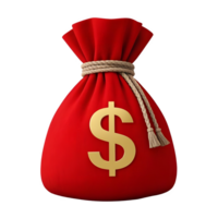 Realistic 3D render of a red color money bag with a golden color dollar sign or isolated on a transparent background png