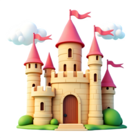 3D Fantasy Castle Colorful Cartoon Fairytale Tower with Flags, Isolated on Transparen Background png