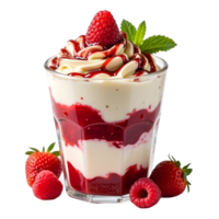 Yogurt Dessert with Berries Strawberry, Raspberry Red Sauce on Transparent Background png