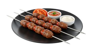 kebab meat skewers on a black plate with sauce and tomatoes png