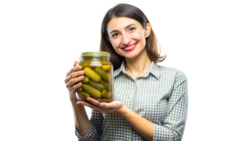 Woman holding a jar of homemade pickles png