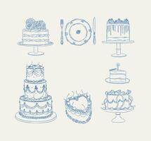 Cake one and two tier collection drawing in vintage style with blue on beige background vector