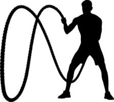 Silhouette Of A Muscular Man Exercising With Battle Ropes During A Fitness Workout Creating Energy And Power In A Sport Concept vector