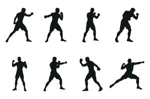 Set Of Boxer Silhouettes In Various Fighting Poses Isolated On White Background For Sport And Fitness Content Design Element vector