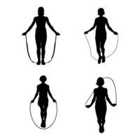 Four Silhouettes Of A Woman With A Skipping Rope Demonstrating Different Jumping Positions On A White Background vector