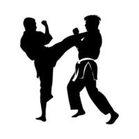 Karate Martial Arts Fighters In Silhouette Executing Kicks And Punches Demonstrating Discipline And Skillful Combat Techniques With Precise Movements vector