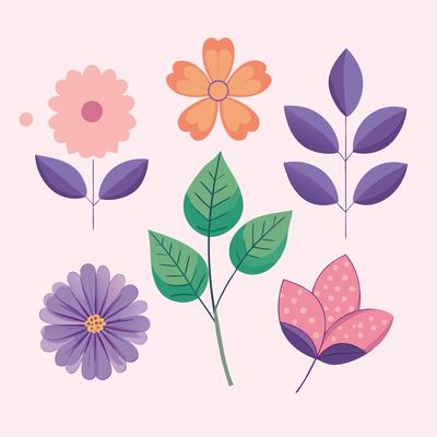 A set of flowers and leaves on a pink background