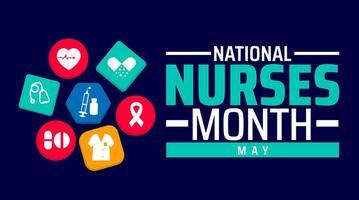 National Nurses Month background banner or poster design template. observed every year in May. Holiday concept. Use to any Template, card, poster, placard, template. vector
