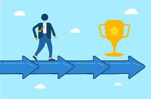 Path to Success Illustration. Conceptual illustration of a businessman walking on a path of arrows towards a golden trophy. Businessman, Arrows, Trophy. vector
