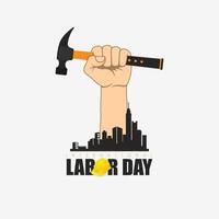 International Labor Day, with an illustration of an urban building and a hand holding a hammer vector