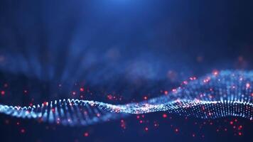 Abstract glowing digital cyber wave made of particles and dots moving on blue background with bright orange dots, big data visualization, futuristic and tech, 3D, 4K, seamless loop. video