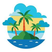 Island with palms, sun, clouds flat design on white background vector