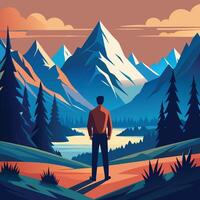 A man stands in front of a mountain with mountains flad design vector
