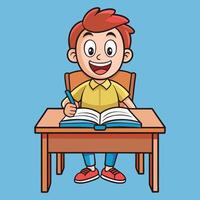 Happy cartoon illustration of a student sitting at a desk with an open book vector