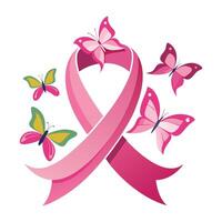 Minimalistic pink ribbon with butterflies symbolizing transformation and healing on white background vector