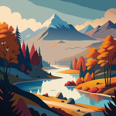 Autumn landscape with misty mountains calm river and colorful