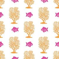 Colorful seamless pattern featuring vibrant fish and coral shapes on a clean white background creating a playful, ocean-inspired design vector