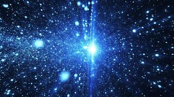 Abstract background of blue particles. Bright shiny background. Glitter dust and beautiful bokeh on dark background. Space background with galaxy and stars. Seamless loop video