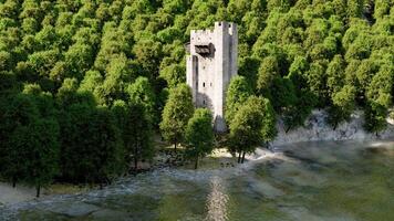 A castle surrounded by trees in the middle of a forest photo