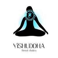 Vishuddha throat chakra symbol with silhouette in meditation pose on white background vector