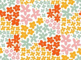 Vintage nostalgic 70s groovy seamless pattern. Hippie style summer print. Vintage floral background. Textile and surface design in old fashioned colors. hand drawn flat illustration. vector