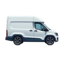 Modern delivery van design, futuristic look, matte white body with blue accents, shown from side-front angle, high detail wheels and textures, clean and suitable for stock illustration png