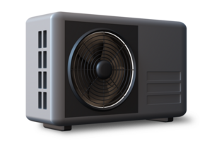 Air source heat pump, illustrating its compact design and essential components. Gray and black heating pump, isolated on transparent background. Side view. 3D render. png
