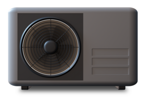 Air source heat pump, illustrating its compact design and essential components. Gray and black heating pump, isolated on transparent background. Front view. 3D render. png