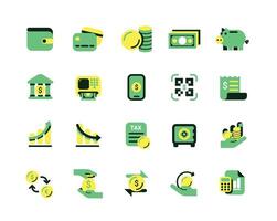 Colorful finance icon set with wallet, credit card, coin, chart, QR payment, bank, and more. Modern flat style perfect for apps, websites, or infographics. vector
