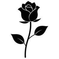 Black rose bud with stem and leaves isolated on white background silhouette vector